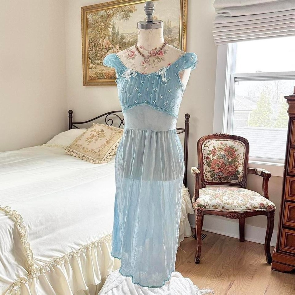 60s hand dyed blue chiffon nightgown fits like a small